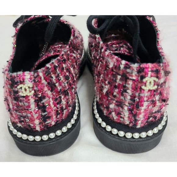 Authentic Chanel Lace Up  Pink and Black Tweed Pearl "CC" Logo Platform Sneakers - Picture 7 of 16